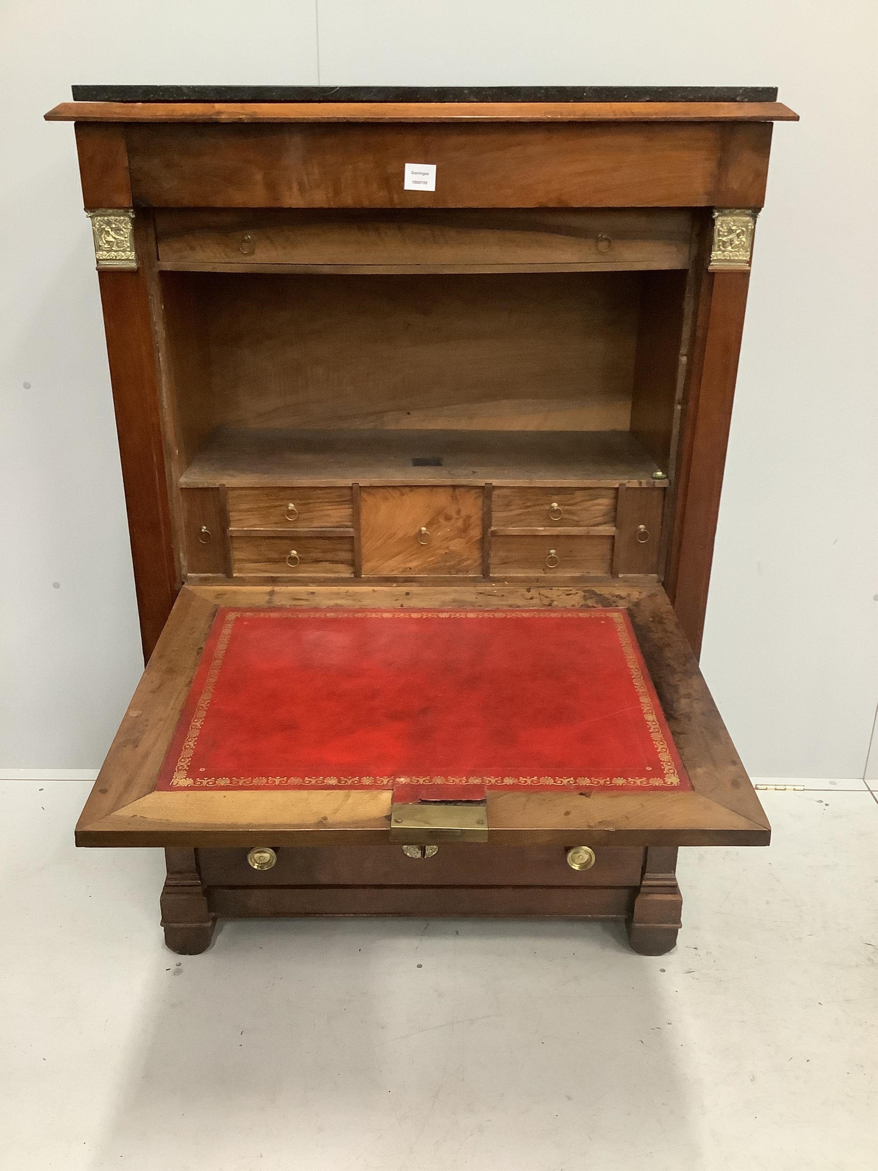 An Empire mahogany secretaire à abbatant, with later marble top, width 97cm, depth 45cm, height 144cm. Condition - fair to good